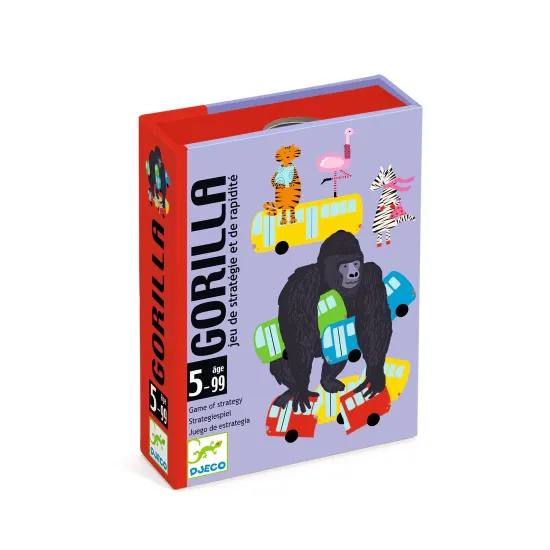 Gorilla-Spiel, bei dem die Spieler Karten loswerden, indem sie Tiere oder Busfarben richtig zuordnen und dabei dem Gorilla ausweichen.