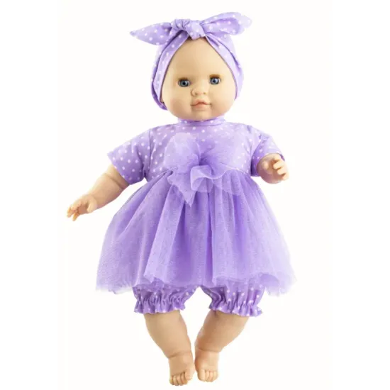 Paola Reina Babypuppe Noemi 36 cm – realistische Babypuppe mit Stoffkörperchen, blauen Schlafaugen und lila Kleid mit weißen Punkten