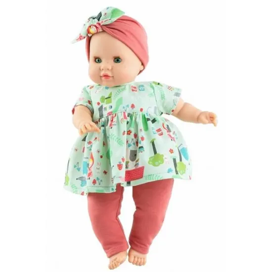 Paola Reina Babypuppe Patri 36 cm – realistische Babypuppe mit Stoffkörperchen, grünen Schlafaugen und rot-grünem Outfit