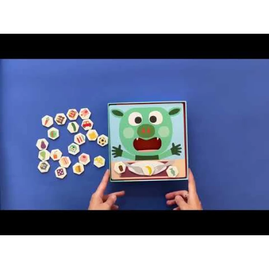 Illustration des kooperativen Memory-Spiels Bob's Lunch mit Spielbrett und Spielfiguren.