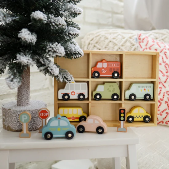 Pastellfarbene Spielzeug-Fahrzeuge und Verkehrsschilder Set, 12-teilig
