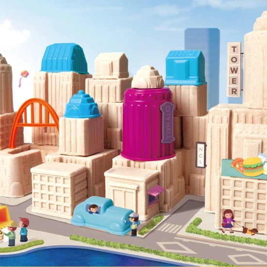 Kinetischer Sand für Kinder – Förmchen, Werkzeuge und Baufahrzeuge