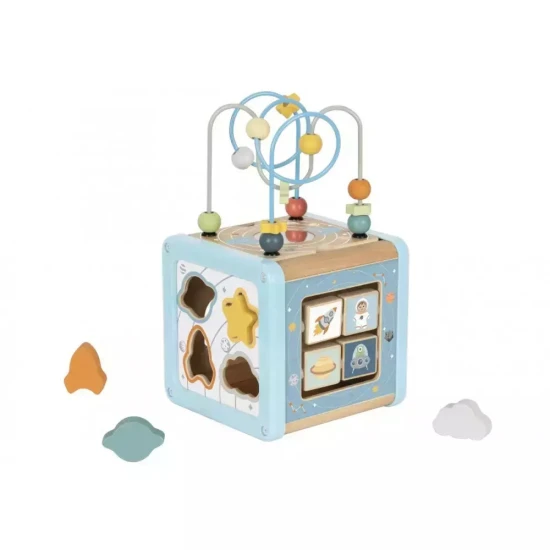 Aktivitätswürfel aus Holz mit Weltraummotiven von Tooky Toy mit Labyrinth, Einsatz und Zahnrädern.
