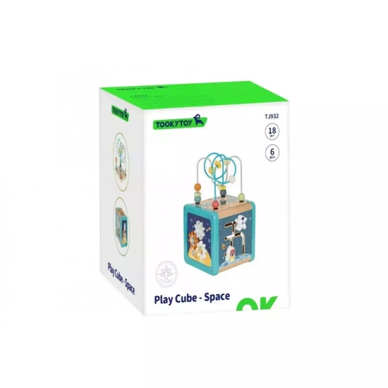Aktivitätswürfel aus Holz mit Weltraummotiven von Tooky Toy mit Labyrinth, Einsatz und Zahnrädern.