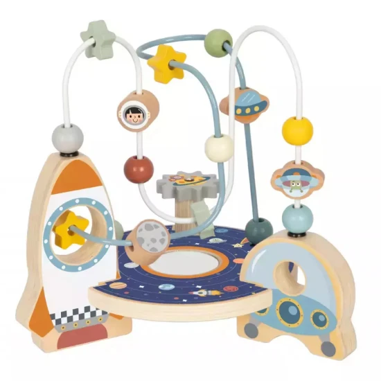 Motorlabyrinth aus Holz mit Weltraummotiven in wunderschönen Pastellfarben.