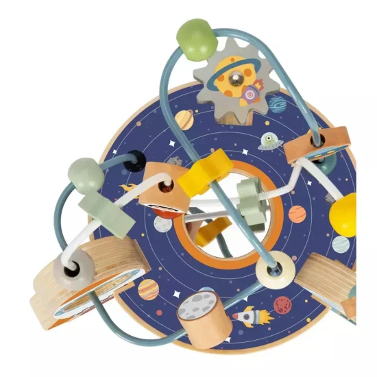 Motorlabyrinth aus Holz mit Weltraummotiven in wunderschönen Pastellfarben.
