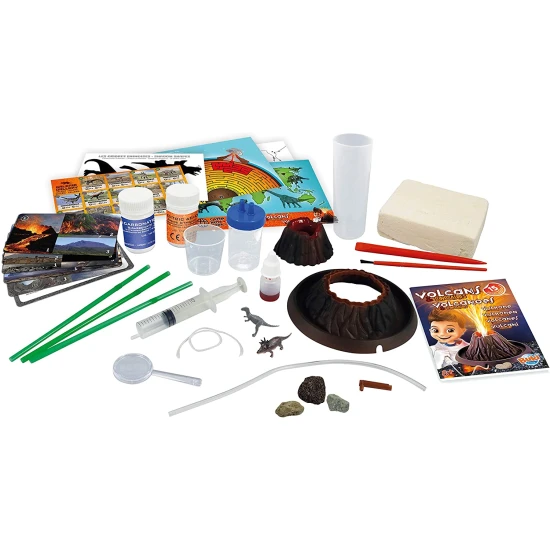 Ein lustiges Kinderexperiment mit vulkanischer Lava und einem Dinosaurier.