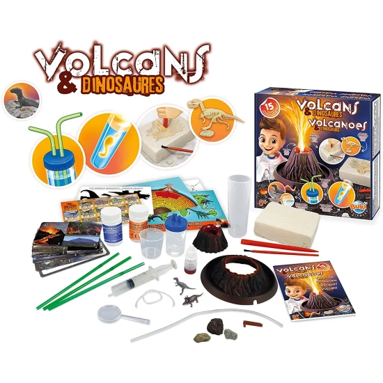 Ein lustiges Kinderexperiment mit vulkanischer Lava und einem Dinosaurier.