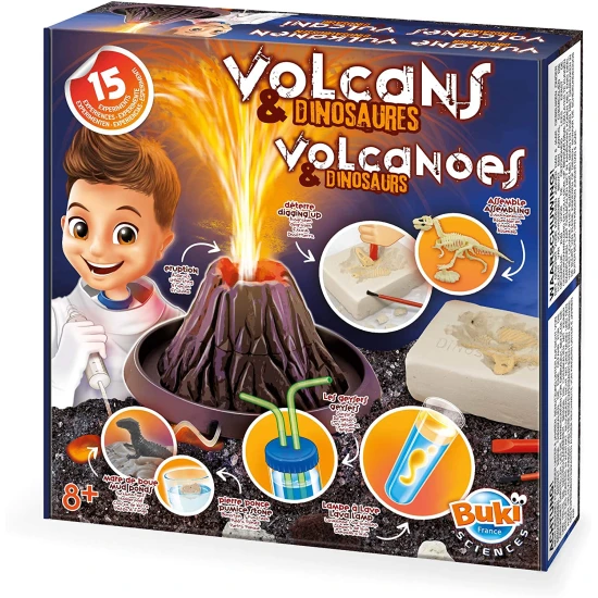 Ein lustiges Kinderexperiment mit vulkanischer Lava und einem Dinosaurier.