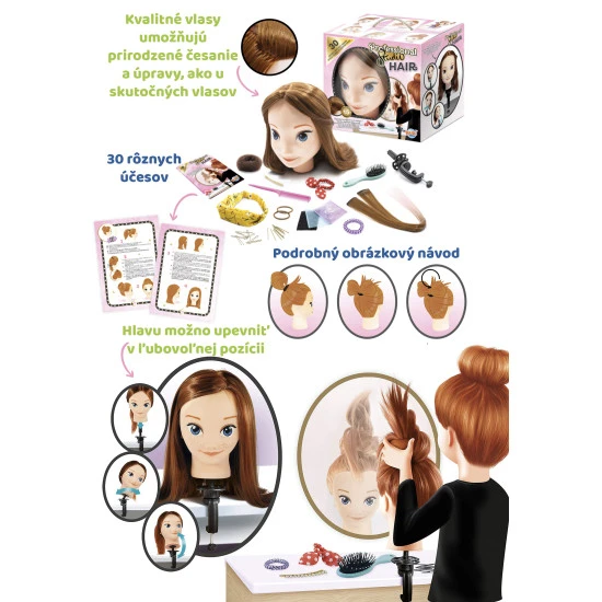 Kinder-Friseurstudio mit realistischem Stylingkopf und Frisierzubehör.