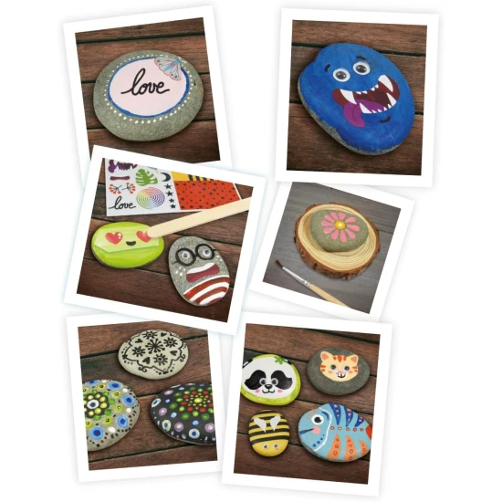 Kreatives Steinbemal-Set mit Farben, Pinsel, Aufklebern und Markern – ideal für kreative Projekte für Kinder und Erwachsene.