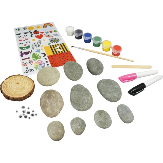 Kreatives Steinbemal-Set mit Farben, Pinsel, Aufklebern und Markern – ideal für kreative Projekte für Kinder und Erwachsene.