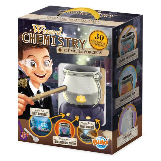 Das Set ist thematisch als Werkstatt eines kleinen „Chemie-Zauberers“ mit allen notwendigen Werkzeugen gestaltet. 