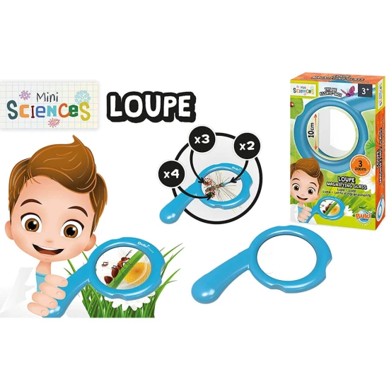 Eine große Lupe für Kinder. Die Hauptvergrößerungslinse hat einen Durchmesser von 9 cm und vergrößert 2-fach, auf ihr sind 2 Felder mit 3-facher und 4-facher Vergrößerung angebracht.