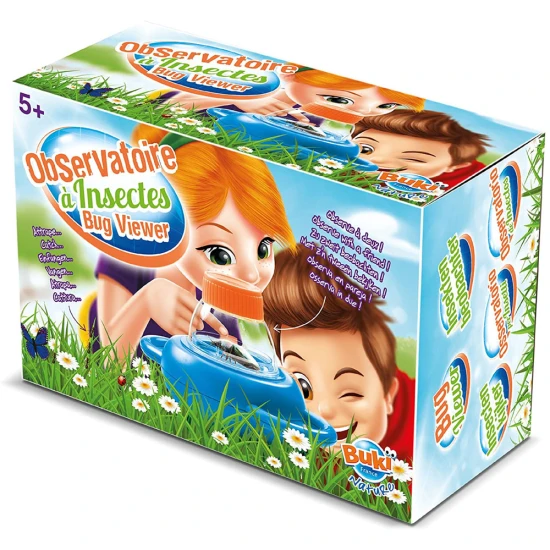 Universeller Kinder-Beobachtungskasten für Insekten mit zwei Gucklöchern und einer Lupe. Der obere Sucher vergrößert das beobachtete Bild um das 6-fache, der untere Sucher um das 4-fache.