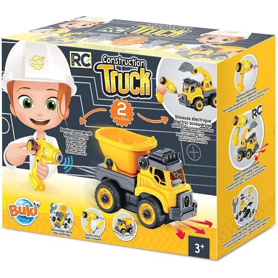 Ein Baumaschinenbausatz (2 Varianten: ein Bagger und ein LKW) zur Fernsteuerung, den das Kind selbst zusammenbauen kann.