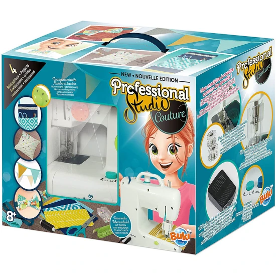 Zum professionellen Nähsalon gehört eine Kindernähmaschine mit Pedal und drei Ersatznadeln. 