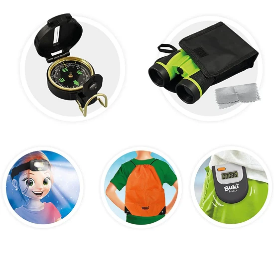 Das Kinderset beinhaltet ein Fernglas mit 5-fach-Zoom, Objektivtasche und -tuch, Kompass, LED-Stirnlampe, Schrittzähler zur Messung der körperlichen Aktivität und einen Rucksack.