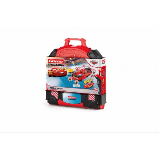 Carrera Speed Arena Disney Cars – 2,77 m Rennbahn mit Blesk McQueen und Dinoco Cruz, Geschwindigkeitsregler, Runden-Zähler und Disney Cars Dekoration