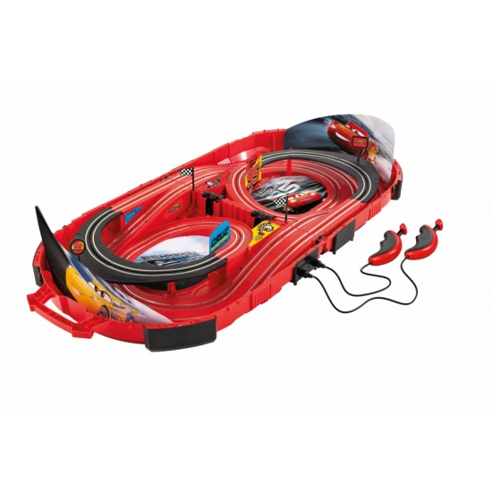 Carrera Speed Arena Disney Cars – 2,77 m Rennbahn mit Blesk McQueen und Dinoco Cruz, Geschwindigkeitsregler, Runden-Zähler und Disney Cars Dekoration