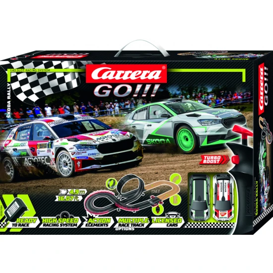 Carrera GO Škoda Rally-Autorennbahn mit FABIA RS-Autos auf der Action-Strecke.