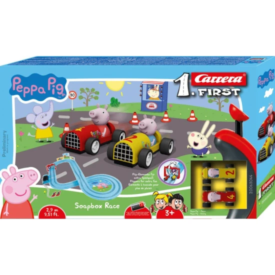 Carrera FIRST Bahn Peppa Pig mit Peppa- und Tom-Autos auf einer 2,9 m langen Bahn.