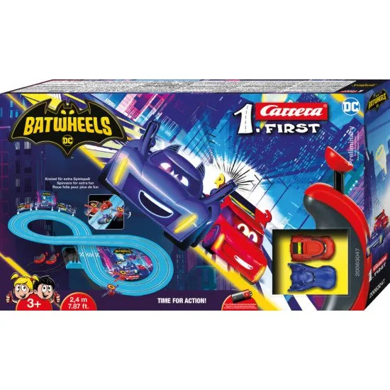 Carrera FIRST Batwheels Autorennbahn mit BAM- und Redbird-Autos auf einer spannenden 2,4 m langen Strecke.