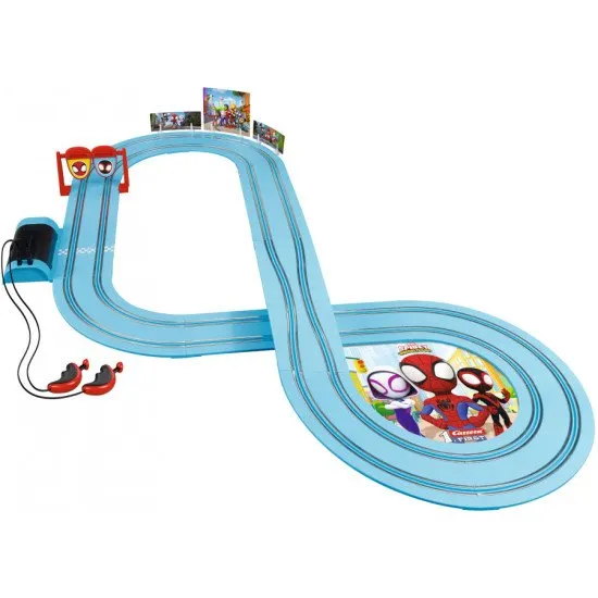Carrera FIRST Spidey Go Webs Go-Autorennbahn mit Spidey- und Spin-Autos auf einer 2,9 m langen Strecke.