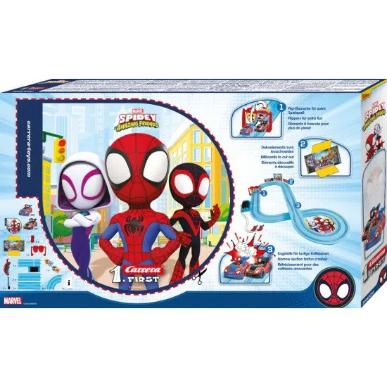 Carrera FIRST Spidey Go Webs Go-Autorennbahn mit Spidey- und Spin-Autos auf einer 2,9 m langen Strecke.
