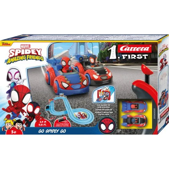 Carrera FIRST Spidey Go Webs Go-Autorennbahn mit Spidey- und Spin-Autos auf einer 2,9 m langen Strecke.