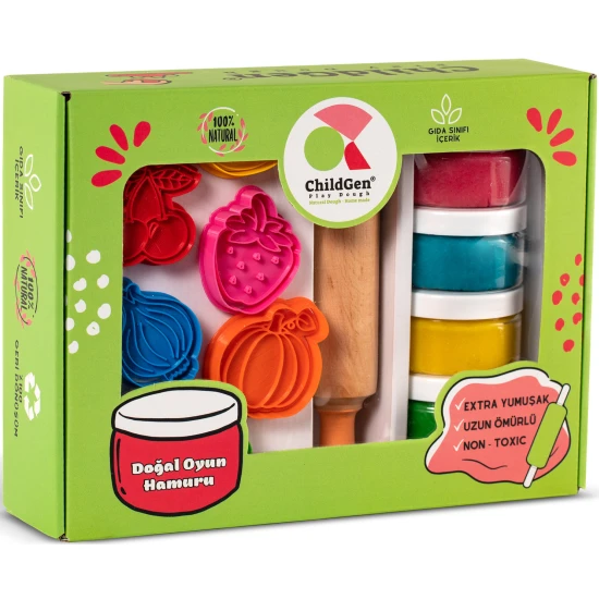 ChildGen Fruits Kreativ-Modellierset mit farbiger Knete, Ausstechformen – Obst und Gemüse und einem Nudelholz.