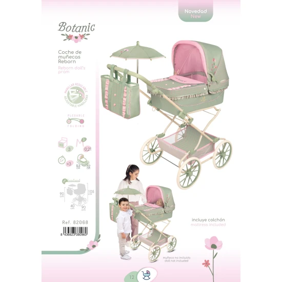 Klappbarer REBORN Puppenwagen mit Sonnenschirm und Zubehör DeCuevas Botanic 2026 90 cm Klappbarer REBORN Puppenwagen mit Sonnenschirm und Zubehör DeCuevas Botanic 2026 90 cm