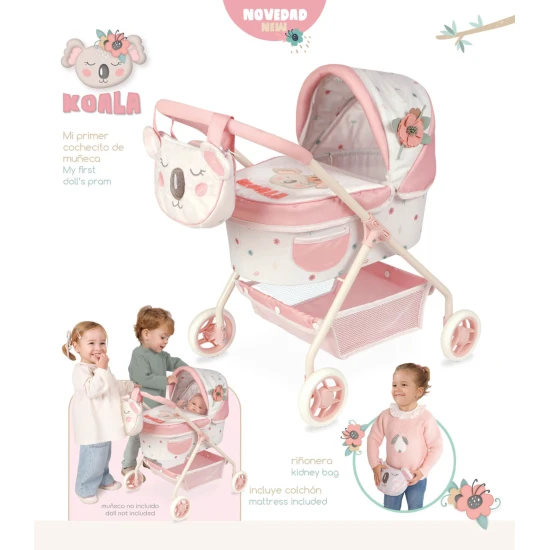 DeCuevas 86079 Mein erster Puppenwagen mit Tasche KOALA 2024. Kinderwagen in Weiß und Lachs mit schlafendem Teddybärmotiv und Blumendekor.