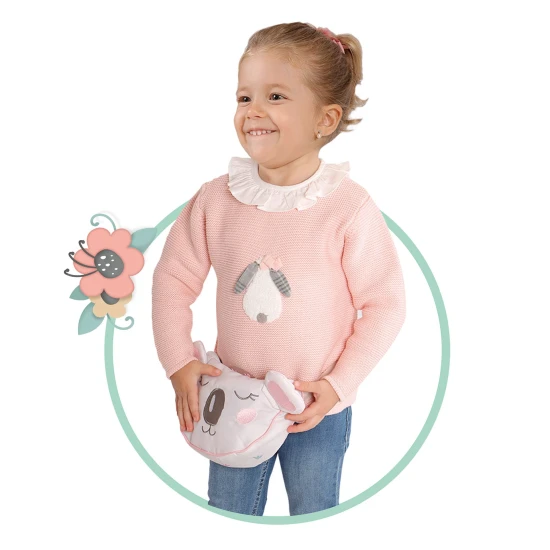 DeCuevas 86079 Mein erster Puppenwagen mit Tasche KOALA 2024. Kinderwagen in Weiß und Lachs mit schlafendem Teddybärmotiv und Blumendekor.