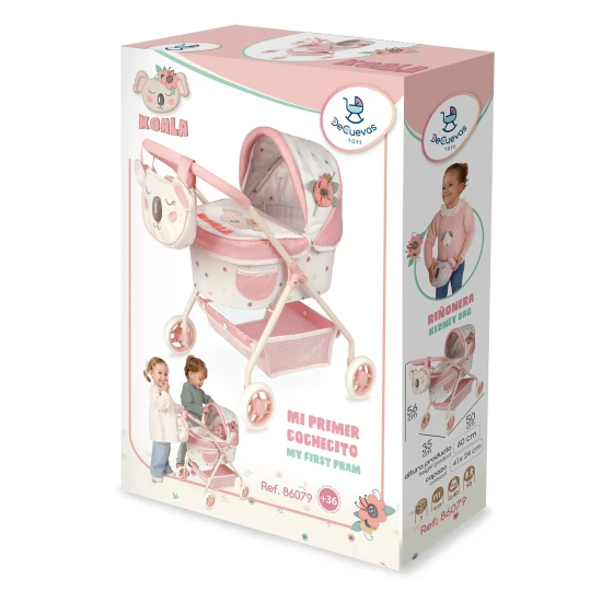 DeCuevas 86079 Mein erster Puppenwagen mit Tasche KOALA 2024. Kinderwagen in Weiß und Lachs mit schlafendem Teddybärmotiv und Blumendekor.