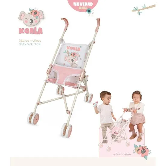 DeCuevas 90079 KOALA 2024, zusammenklappbarer Golfschläger-Puppenwagen, Kinderwagen mit weißem Blumenmuster und lachsrosa Details, verfügt über einen Dreipunktgurt und eine stabile Konstruktion.