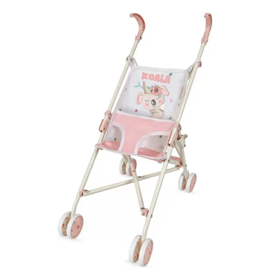 DeCuevas 90079 KOALA 2024, zusammenklappbarer Golfschläger-Puppenwagen, Kinderwagen mit weißem Blumenmuster und lachsrosa Details, verfügt über einen Dreipunktgurt und eine stabile Konstruktion.