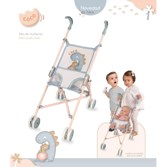 DeCuevas 90080 COCO 2024 Golf Clubs Klappbarer Puppenwagen, graublauer Kinderwagen mit Dinosaurier-Motiv für Mutter und Baby, ausgestattet mit einem Dreipunktgurt und stabiler Metallkonstruktion.