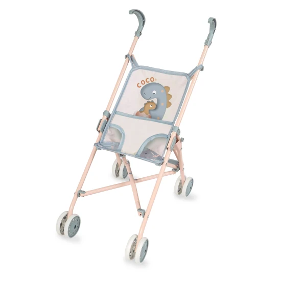 DeCuevas 90080 COCO 2024 Golf Clubs Klappbarer Puppenwagen, graublauer Kinderwagen mit Dinosaurier-Motiv für Mutter und Baby, ausgestattet mit einem Dreipunktgurt und stabiler Metallkonstruktion.