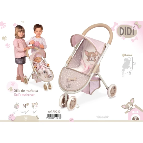 DeCuevas 90243 2021 DIDI 2021 Sportlicher Dreirad-Puppenwagen, rosa-weiß-braunes Design mit Welpen-Samtstickerei, geeignet für Puppen bis 46 cm.