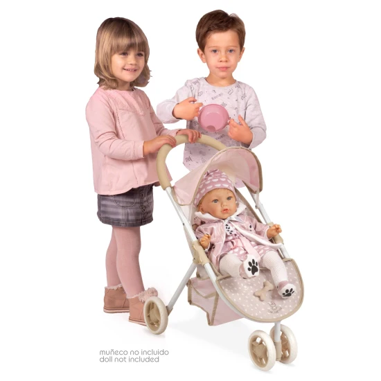 DeCuevas 90243 2021 DIDI 2021 Sportlicher Dreirad-Puppenwagen, rosa-weiß-braunes Design mit Welpen-Samtstickerei, geeignet für Puppen bis 46 cm.