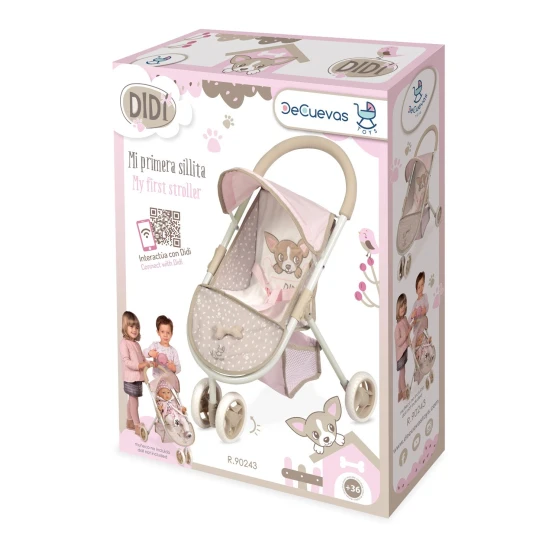 DeCuevas 90243 2021 DIDI 2021 Sportlicher Dreirad-Puppenwagen, rosa-weiß-braunes Design mit Welpen-Samtstickerei, geeignet für Puppen bis 46 cm.