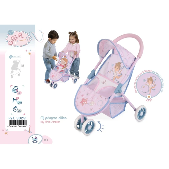 DeCuevas 90251 Sportlicher Dreirad-Kinderwagen für GALA 2023-Puppen, rosa-weißes Design mit Sportelement-Aufdruck und einer kleinen Turnerin, geeignet für Puppen bis zu einer Größe von 46 cm.