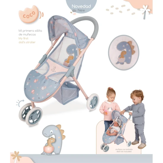 DeCuevas 90280 COCO 2024 Dreirad-Sportpuppenwagen, graublaues Design mit Mutter- und Baby-Dinosaurier-Aufdruck, geeignet für Puppen bis 46 cm.
