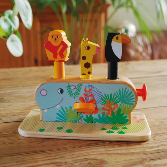 Buntes Holzmotorspielzeug für Babys mit aufklappbaren Tieren