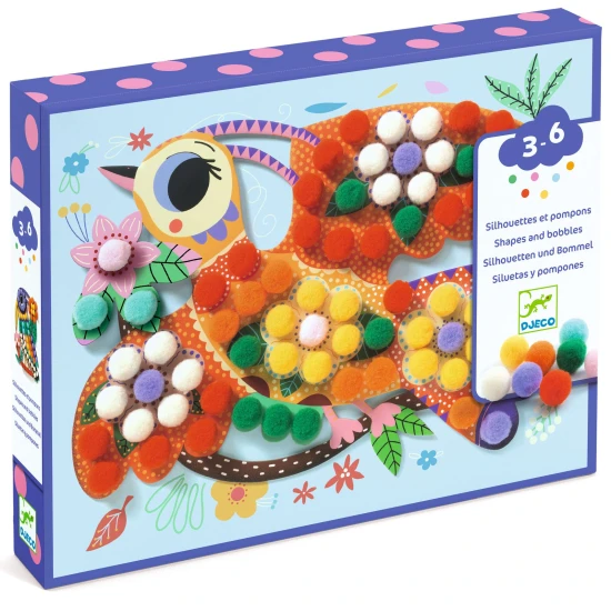 Collage mit Pompons, Vogelsilhouette