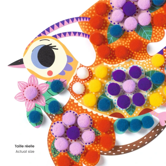 Collage mit Pompons, Vogelsilhouette