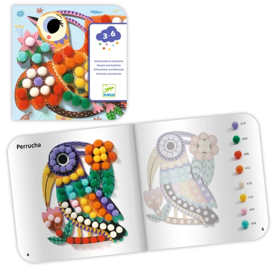 Collage mit Pompons, Vogelsilhouette