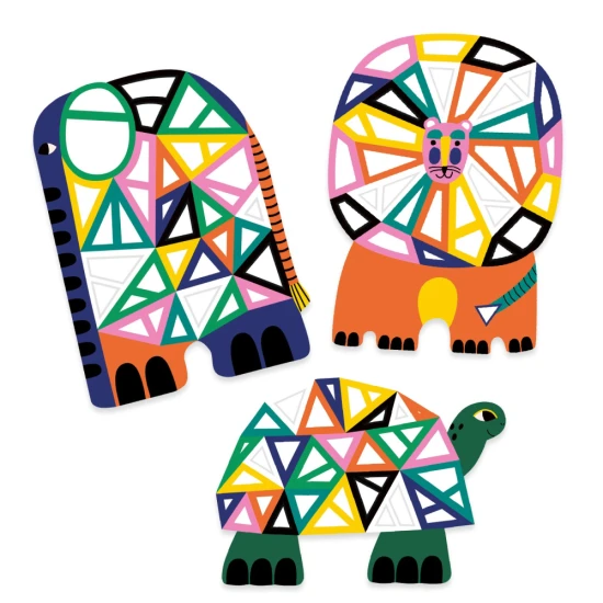 Djeco Afrika Mosaik-Sticker – ein Kreativ-Set mit bunten wiederverwendbaren Schaumstoff-Stickern für 3 Tiere aus der Savanne.