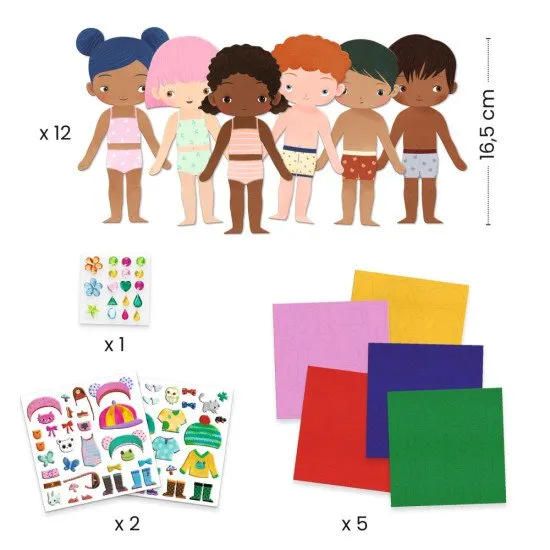 DJECO Kreativset für Kinder mit 12 Figuren und selbstklebendem Anziehfilz, aus ökologischem FSC®-Papier.